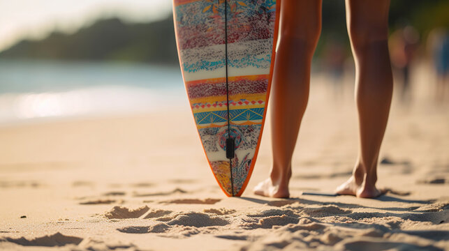 women's feet holding surfboards on the beach. Generative Ai