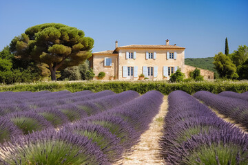 Beautiful view of old house in Provence on a bright sunny day with a lavender field in the foreground.Generative AI