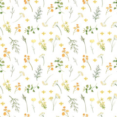 Watercolor seamless pattern of herbs and wildflowers