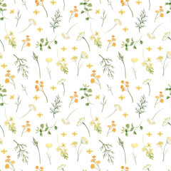 Watercolor seamless pattern of herbs and wildflowers