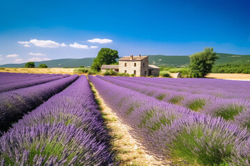 Plakat Beautiful view of old house in Provence on a bright sunny day with a lavender field in the foreground.Generative AI