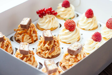 Set of different delicious cupcakes with fresh berries in a paper box on wooden background, horizontal