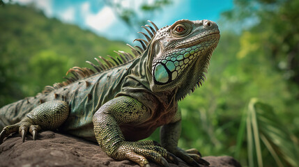 Fototapeta premium portrait of macro shot on iguana head. Generative Ai