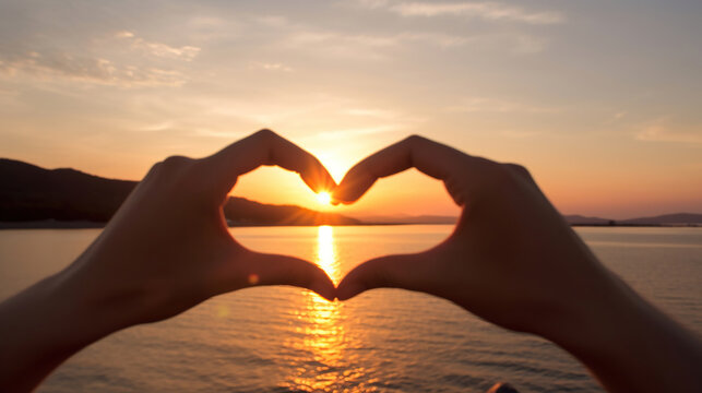 Hand making heart shape on sunset sky background. Generative Ai