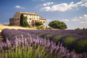 Fototapeta na wymiar Beautiful view of old house in Provence on a bright sunny day with a lavender field in the foreground.Generative AI