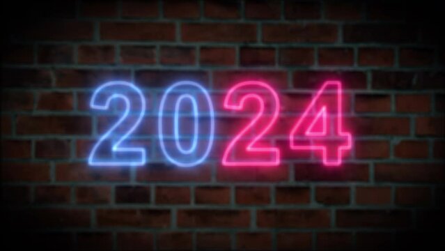 2024 Text neon light pink blue on brick wall background