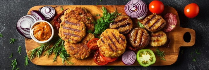 Satisfying Plant-Based Delight Meatless Burgers with Vegan Grilled Patty, Tomato, and Onion on a Wooden Serving Board  Generative Ai Digital Illustration - obrazy, fototapety, plakaty