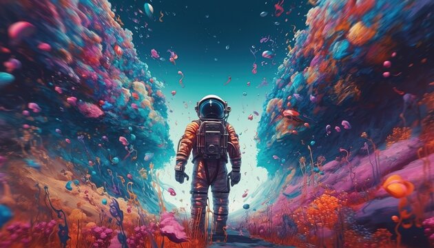 Astronaut on rock surface with space background ,astronaut walk on the moon wear cosmosuit. future concept, Astronaut on foreign planet in front