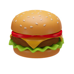 3D Render Of A Cheeseburger. Fast Food, Hamburger. Junk Unhealthy Food. Bright Plastic, Clay Illustration In Cartoon 3D Style Isolated On A White Background