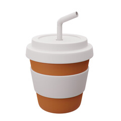 3D render of a cup with coffee and a straw. Fast food. An invigorating drink. Bright Illustration in cartoon, plastic, clay 3D style. Isolated on a white background