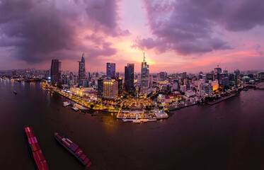 Fototapeta premium Sunset on Saigon riverside, Ho Chi Minh city Vietnam. Photo taken on May 2023