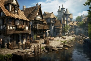 Medieval village with boats and river, historical concept, digital illustration. Generative AI