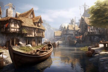 Fototapeta na wymiar Medieval village with boats and river, historical concept, digital illustration. Generative AI
