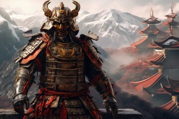 Landscape with samurai warrior, mountains in background. Generative AI