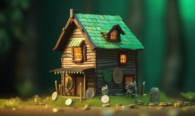 House illustration with scattered coins, goods and wealth concept. Generative AI
