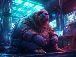 A Cyberpunk Walrus in a Neon City at Night | Generative AI
