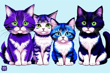 Cute Cats in Blue and Purple. AI Generated.
