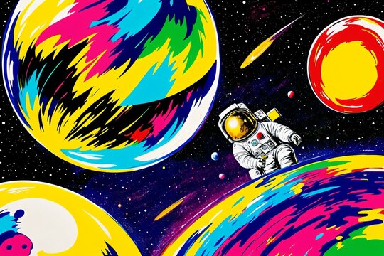 Exploring the Unknown: An Astronaut's Journey Through a Colorful Bubble Galaxy. AI Generated.