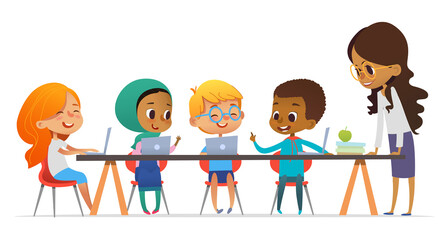 Multicultural kids and friendly female teacher talking and learning coding during computer science lesson. The concept of inclusive education in school. Vector illustration for the site, advertising. - 604121157