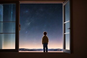 Fototapeta na wymiar Midnight Dreams: A Kid's Window to the Galaxy. AI Generated.