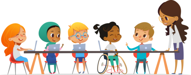 Multicultural kids and friendly female teacher talking and learning coding during computer science lesson. The concept of inclusive education in school. Vector illustration for the site, advertising.