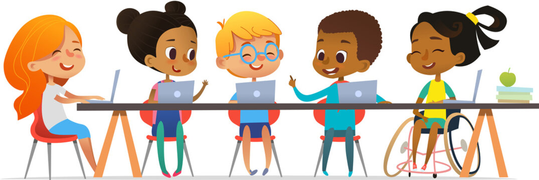 Multicultural children sitting at laptops and learning coding during informatics lesson. School inclusive education concept. Vector illustration for website, advertisement.