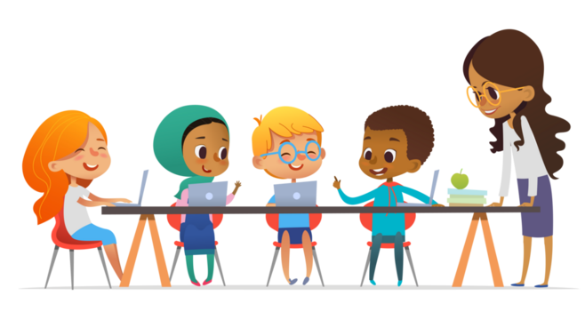 Multicultural kids and friendly female teacher talking and learning coding during computer science lesson. The concept of inclusive education in school. Vector illustration for the site, advertising.
