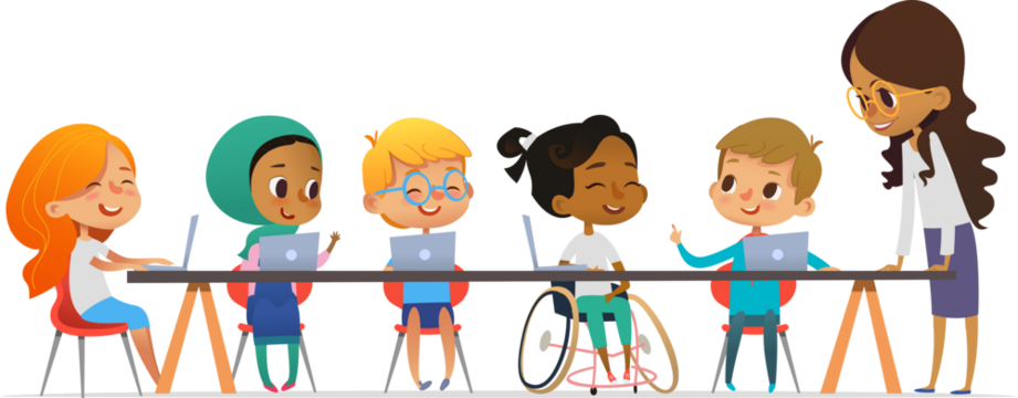 Multicultural kids and friendly female teacher talking and learning coding during computer science lesson. The concept of inclusive education in school. Vector illustration for the site, advertising.