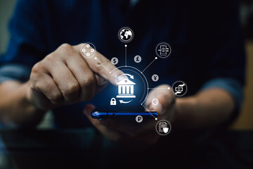 Money transaction exchange abroad with business data ai technology. Concept for digital currency money transfer via mobile banking and world economic financial investment trading. 3D illustration.