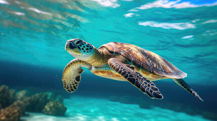 Sea turtle swimming around colorful coral reef formations in the sea. Generative AI