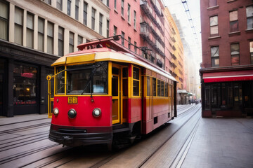 Plakat Digital photo of an old red tram on a New York street. Travel concept. Generative AI