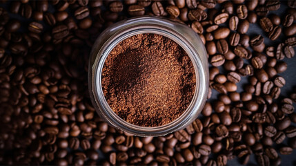 Obraz premium Coffee powder in the bottle sitting on the coffee beans. Generative Ai