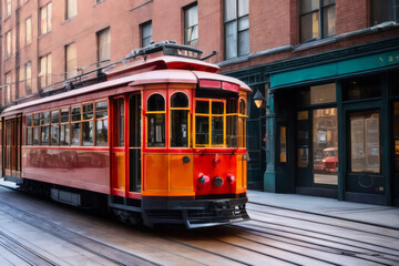 Naklejka na ściany i meble Digital photo of an old red tram on a New York street. Travel concept. Generative AI