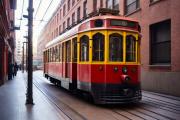 Fototapeta na wymiar Digital photo of an old red tram on a New York street. Travel concept. Generative AI