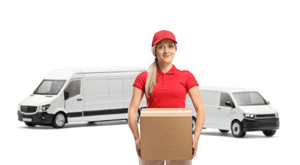 Young female courier with transport vans carrying a box