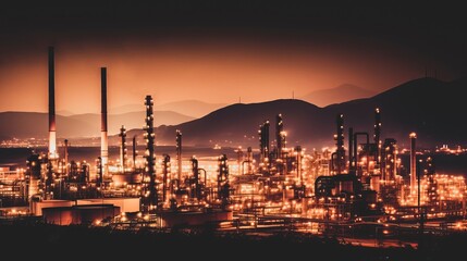 Fototapeta premium An oil refinery at dusk against the backdrop of mountains. Many lanterns illuminate the factory. Generative Ai