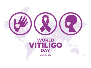 Obraz premium World Vitiligo Day vector illustration. Purple awareness ribbon, hand, head silhouette icon vector. June 25 each year. Important day