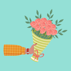 Bouquet of flowers in hands. Illustration of a hand holding flowers. Design element for greeting card, invitation, print, sticker. Illustration for birthday, mother's day, valentine's and woman's day.