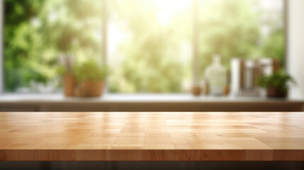 Kitchen table for presenting products, kitchen in blur. Generative Ai