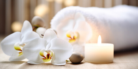 Obraz na płótnie Canvas Spa and wellness setting with orchid flower, candles and towel. AI Generative.