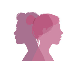 Silhouette of woman and woman. Similarities and differences between the two women. couple of lovers. young couple. They look in different directions. Family relationships. Vector flat illustration