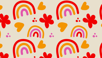 Bright y2k pattern. Pattern with rainbow, heart and dots
