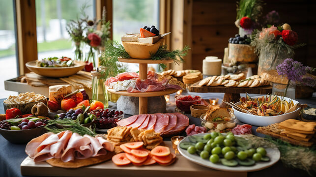 Beautifully decorated catering banquet table with different food snacks and appetizers on corporate christmas birthday party event or wedding celebration. Generative Ai