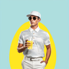 Fashionable Golfer Guy Holding a Drink Against a Blue Background