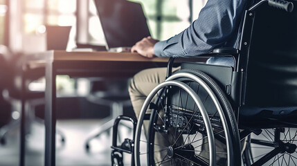 Disabled Man on Wheelchair in Office. Generative Ai