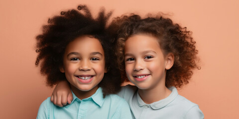 Cute kids with curly hairs smiling together, pop color banner, school design theme - Generative AI