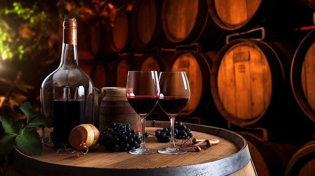 Wine glass, wooden barrel and collection of excellent red wine bottles in the cellar. Generative Ai