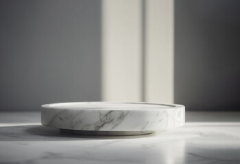 Round marble podium stand for product presentation on white background with shadow, ai generated