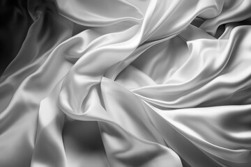 Fototapeta premium Generative AI illustration of Pure White satin fabric floating in the air from above view with movement on white background