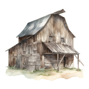 Rustic Farm Barn Watercolor Clipart Illustration, made with generative AI